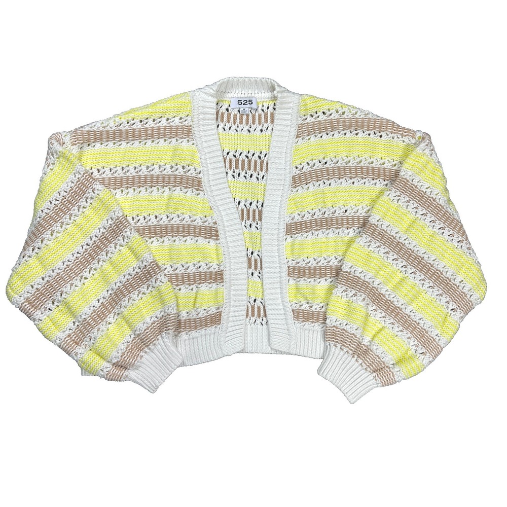 525 America Chunky Knit Cardigan Sweater Cropped Yellow Stripe Open Stitch